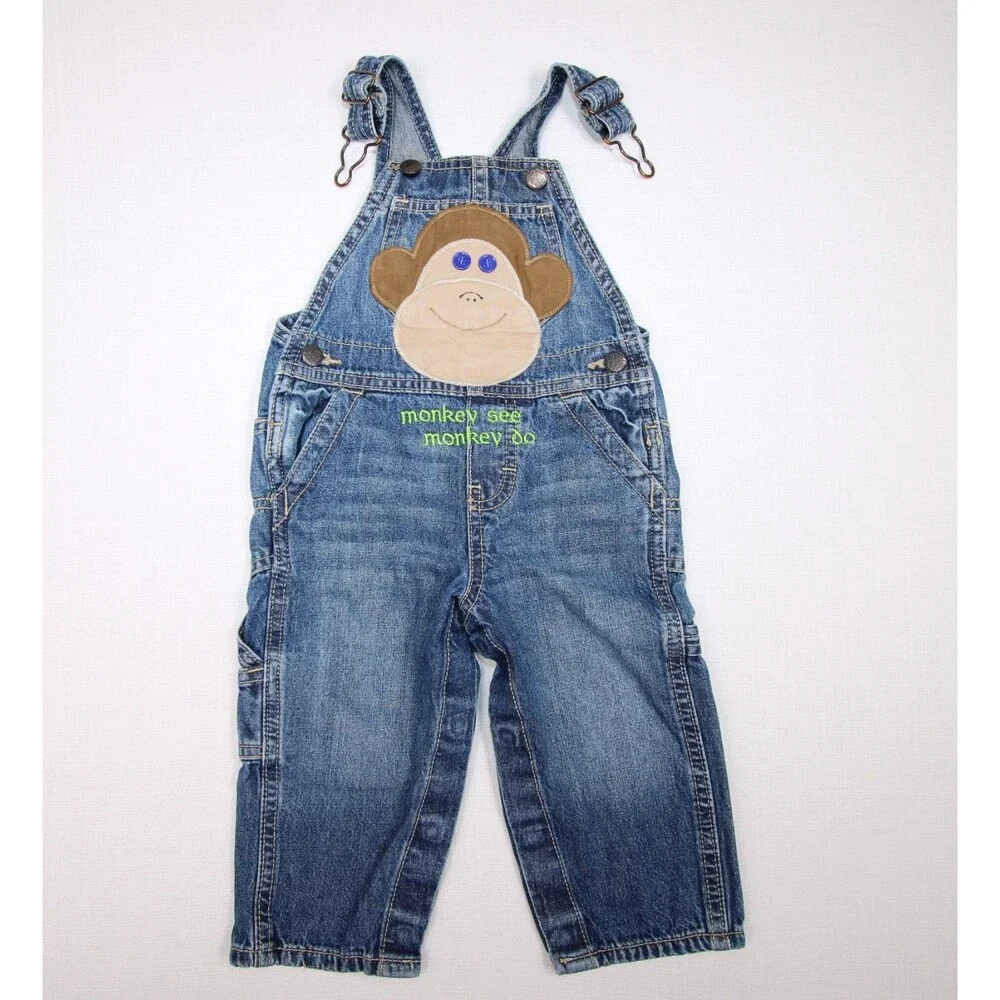 OshKosh B'Gosh Baby Boy Size 12 Months Monkey See Monkey Do Blue Denim Overalls